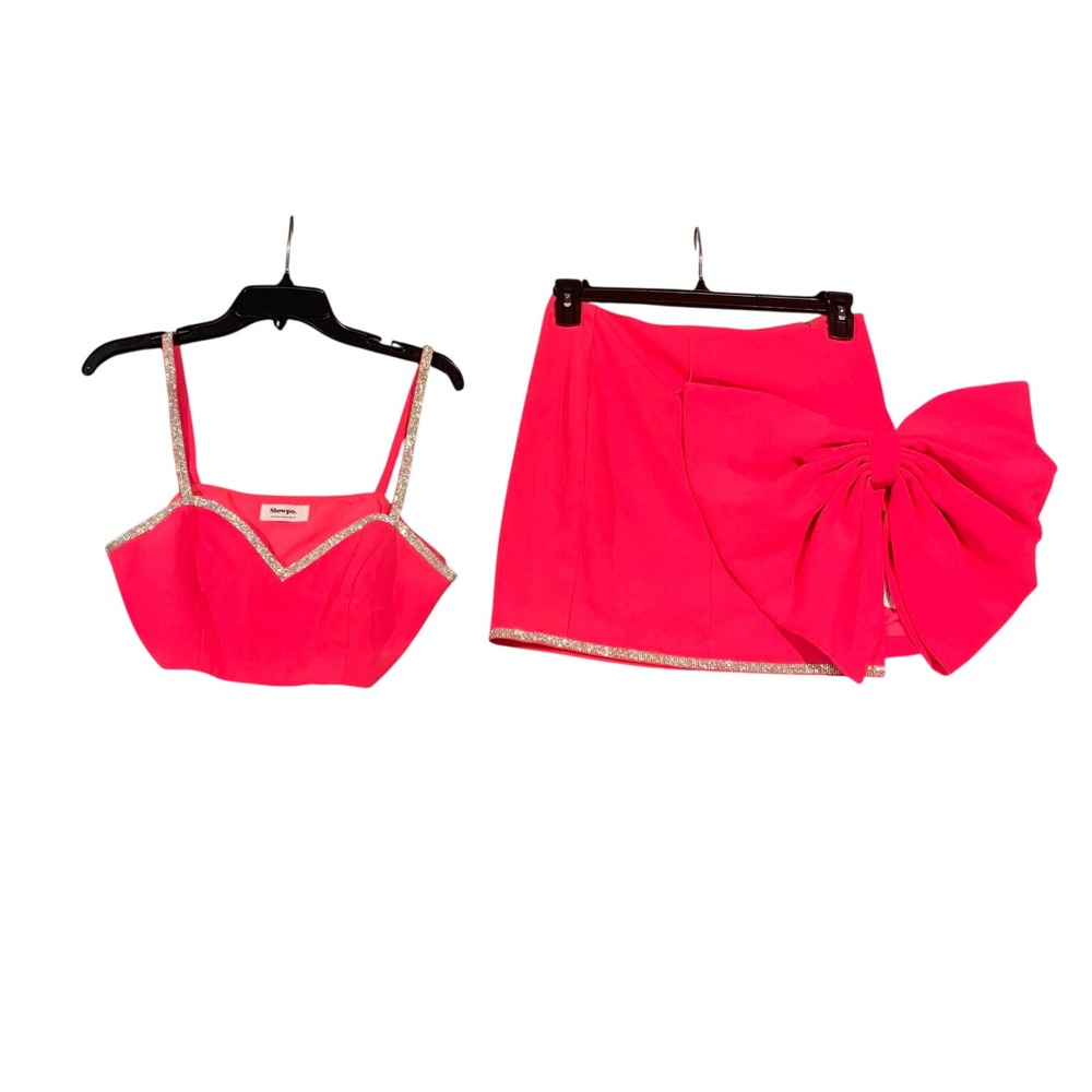Showpo 2 Piece Set Women 8 Hot Pink Rhinestone Trim Oversized Bow Skirt Party